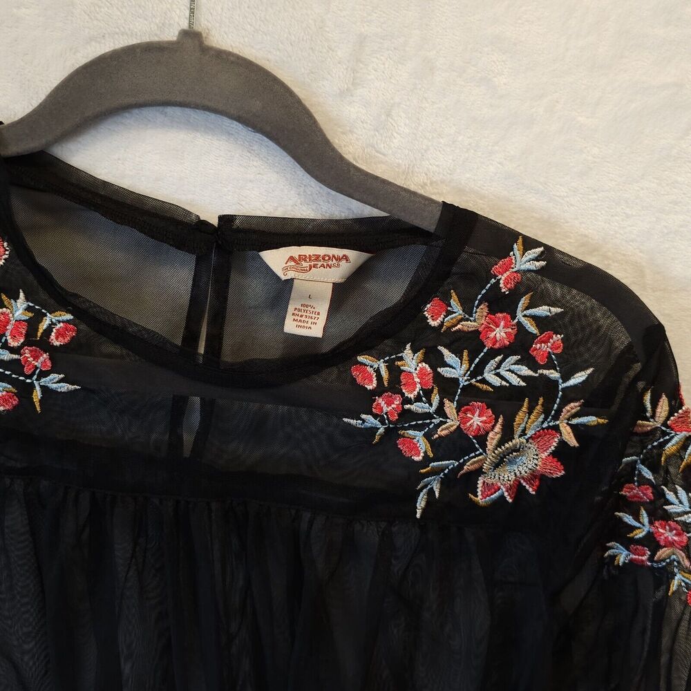 Whimsygoth Fairy Top Blouse Sz L Bell Sleeve Embroidered Floral Flowy Sheer Mesh - Picture 2 of 7